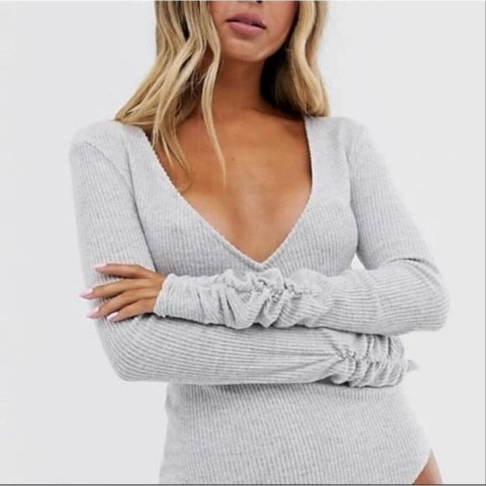 Free People Intimately Women’s Small Cozy Up Bodysuit Grey Ribbed Ruched Sleeve